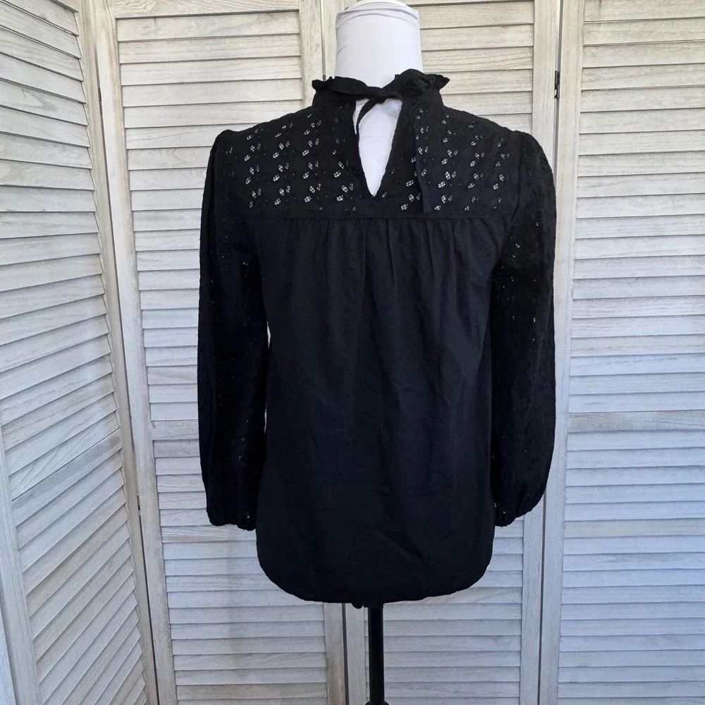 Madewell‎ Top Black Eyelet Ruffle Neck Long Sleeve Peasant Boho Full Coverage XS